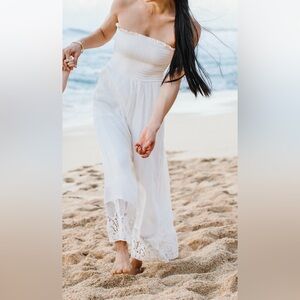 American Eagle Ivory Cream Strapless Romper Jumpsuit with Crochet Lace Hem